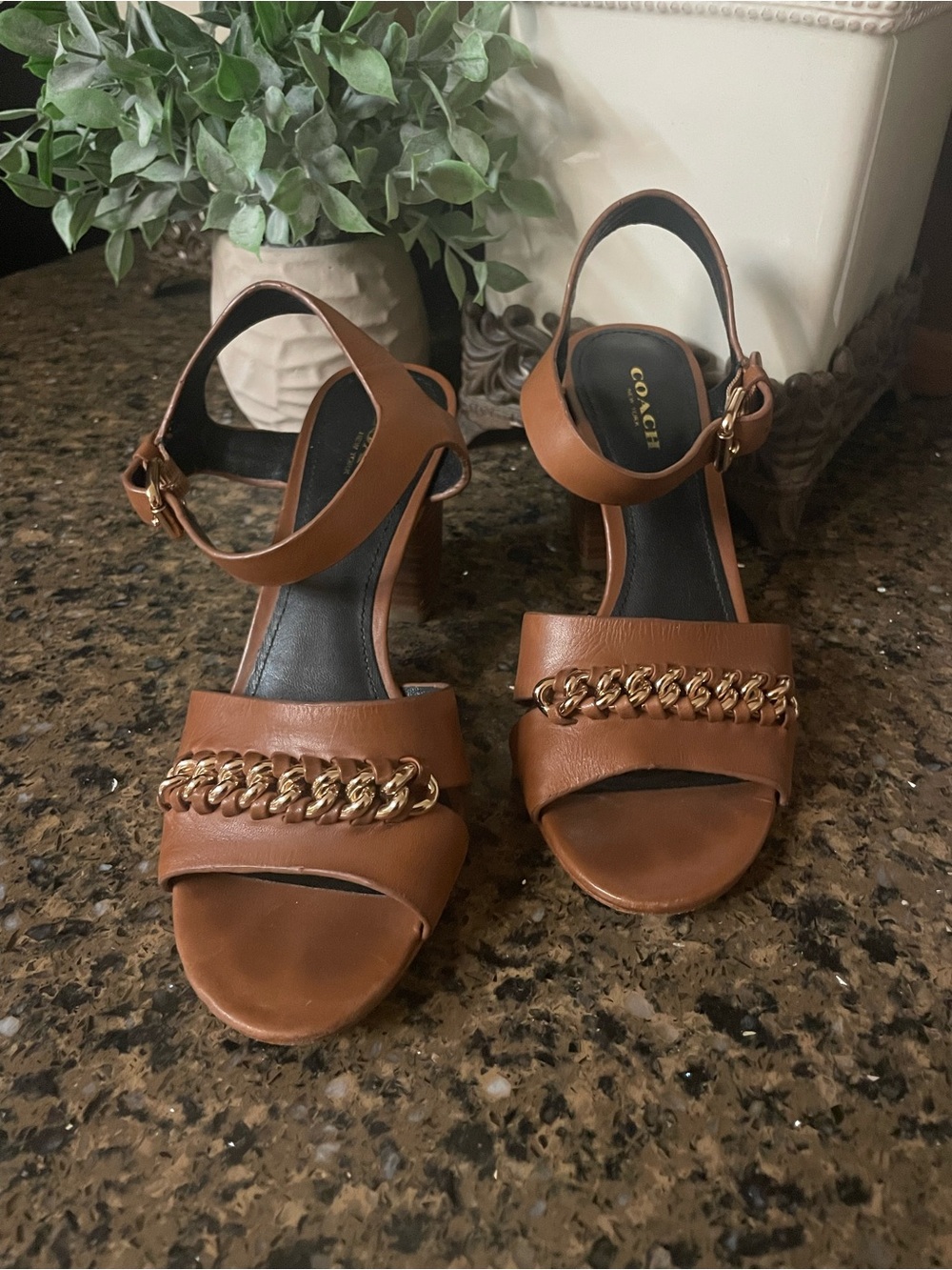 Coach Tan Leather Block-Heel Sandals with Gold Chain Accent
